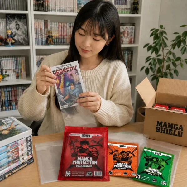 enfiler-protection-manga-multipack-webp Une fille enfile un manga dans une pochette de protection Manga Shield