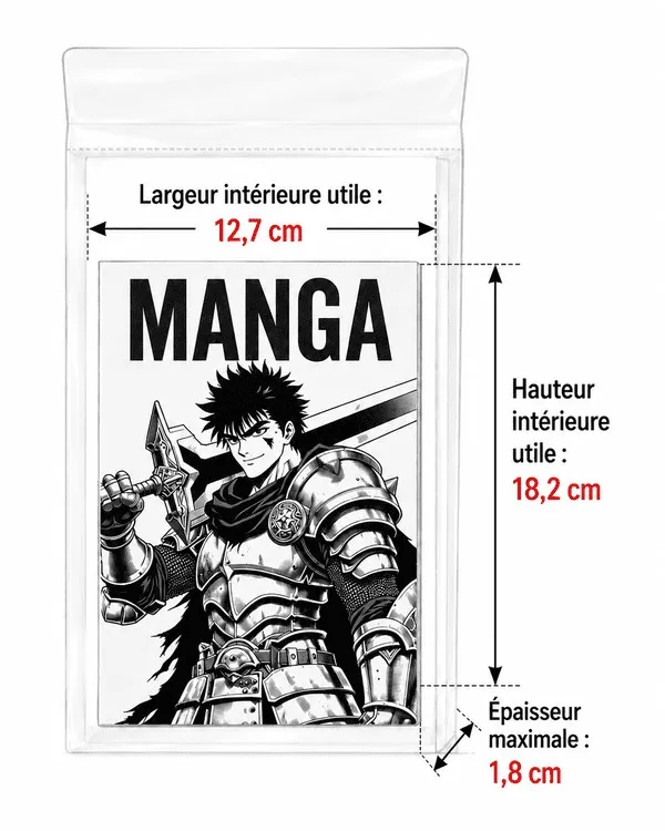 Guide de taille utilisable des pochettes de protections standards de Manga Shield