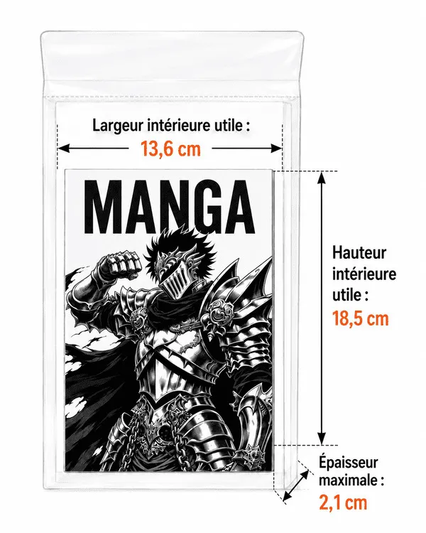 Guide de taille utilisable des pochettes de protection large de Manga Shield